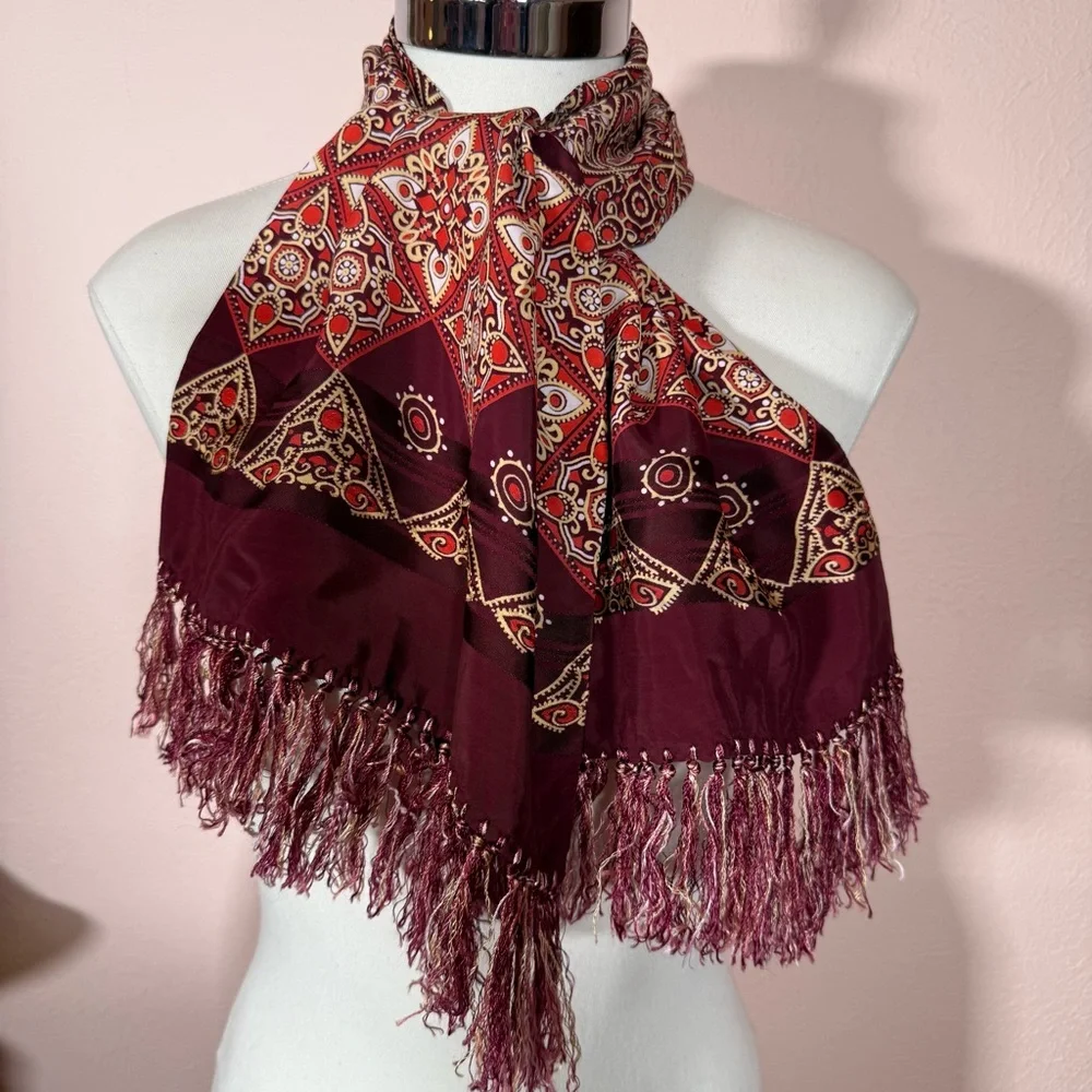 Vintage 1970’s Burgundy art deco Geometric Patterned Fringed Cravat Scarf